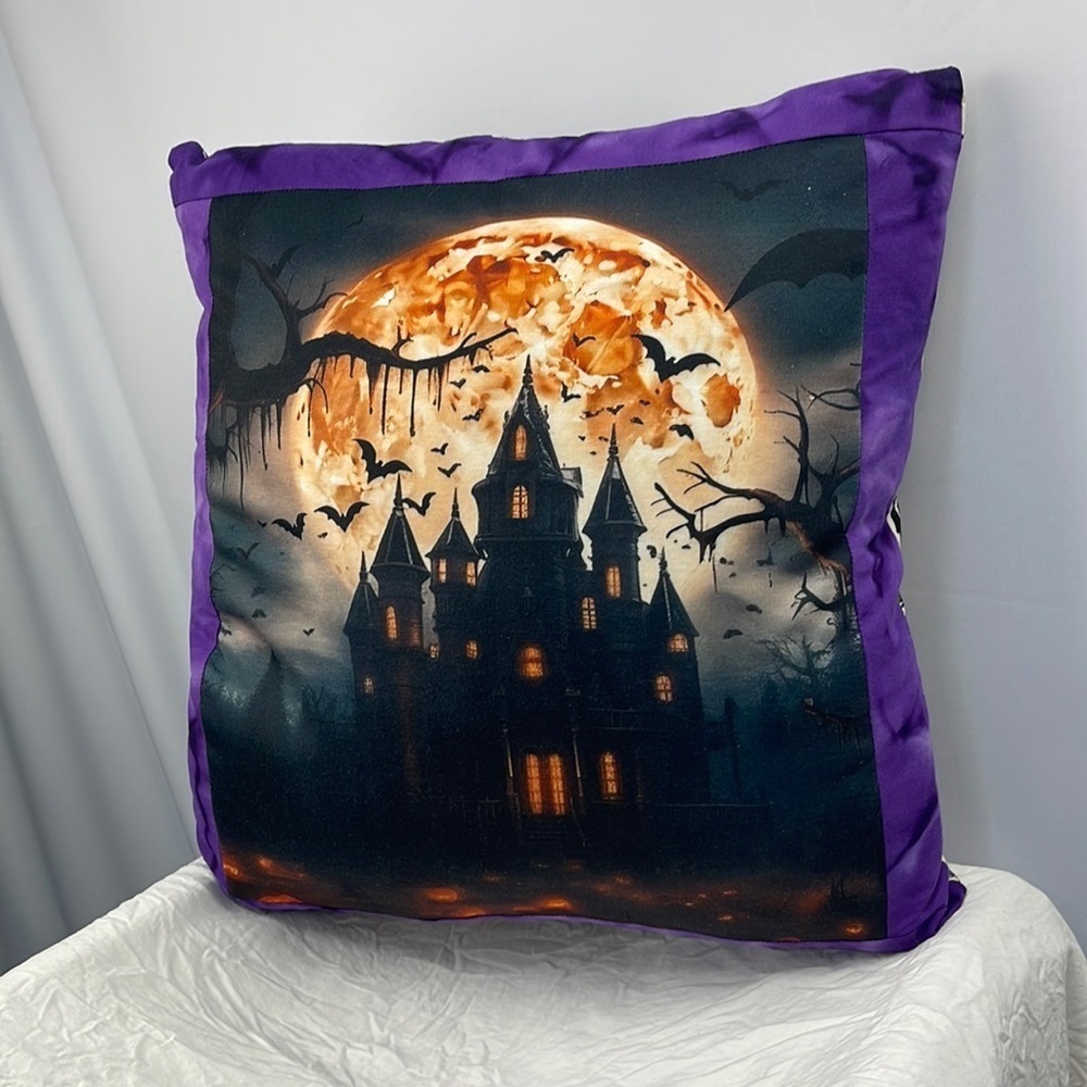 Homemade brand new T-shirt pillow.  Haunted house Bats Halloween accent pillow